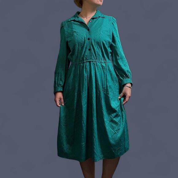 Vintage 80s whimsical teal and black striped long sleeve maxi dress womens large - Picture 2 of 8